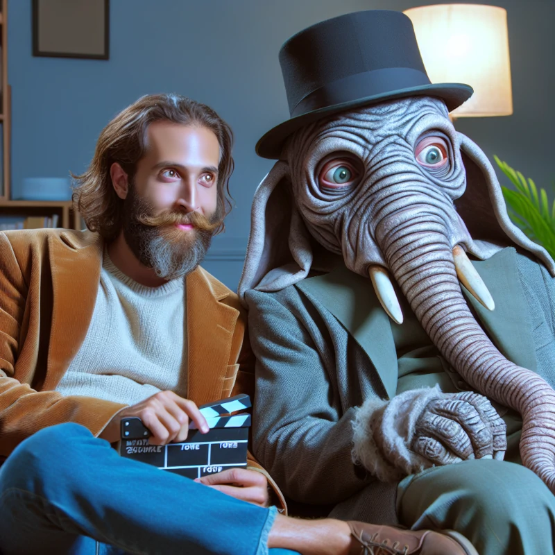 David Lynch (jeune) et un éléphant regardent le film "éléphant man"